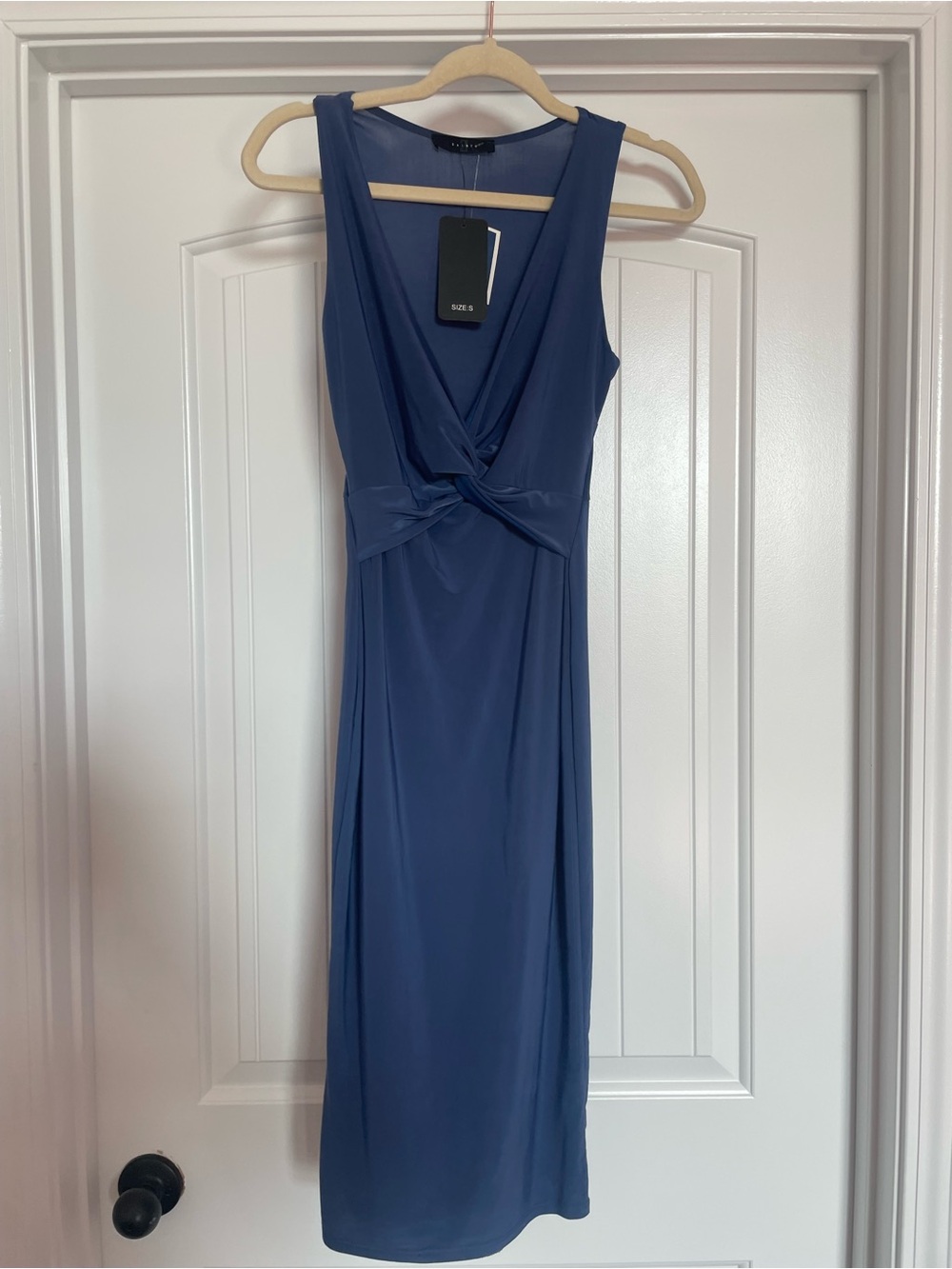 Sleeveless Twist-Front Midi Dress in Deep Blue
